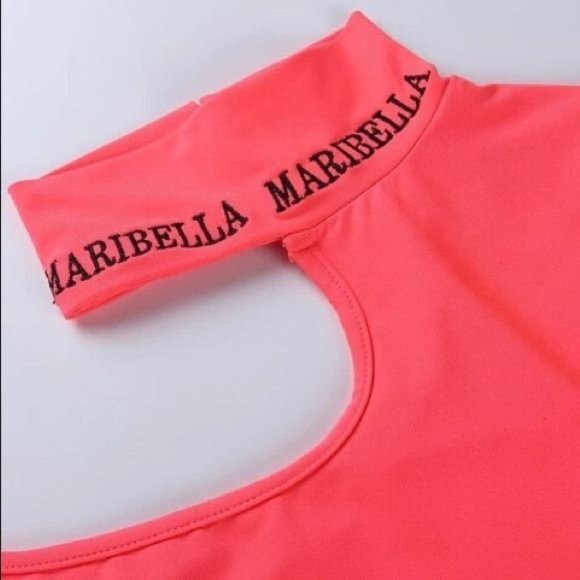 Women Cut-Out Crop Top Size M Magenta Asymmetric Shoulder Logo Maribella Stretch - Picture 7 of 9
